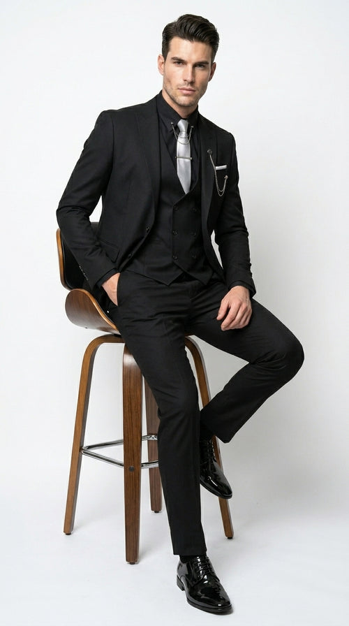 Men’s Black 3 Piece Suit with Double Breasted Vest, Formal Wedding Prom Business Dress Suit Set