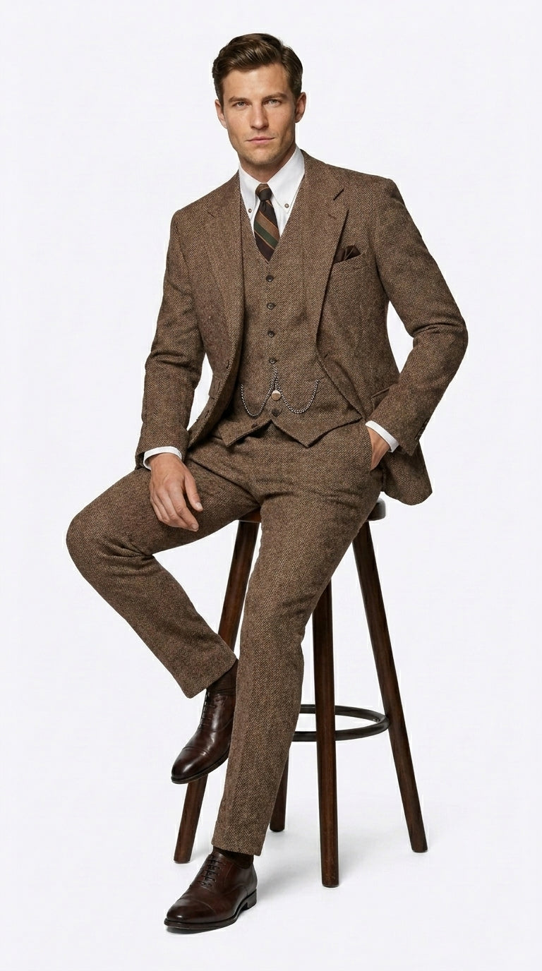Men’s Great Gatsby Costume Package, Brown 1920s Suit with Vest, Pants, Shirt and Tie