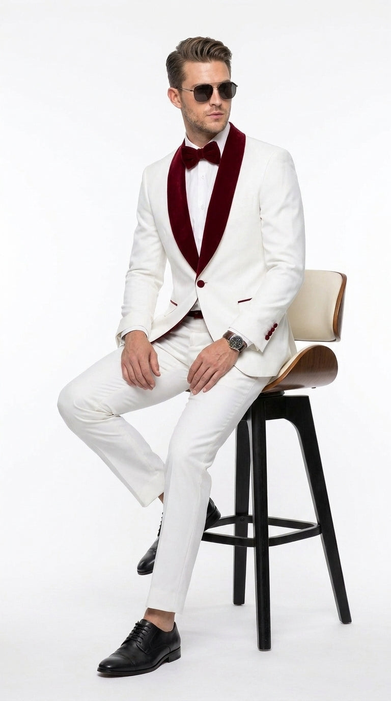 Men’s White and Burgundy Wedding Tuxedo, Formal Groom Prom Shawl Lapel Tuxedo Suit