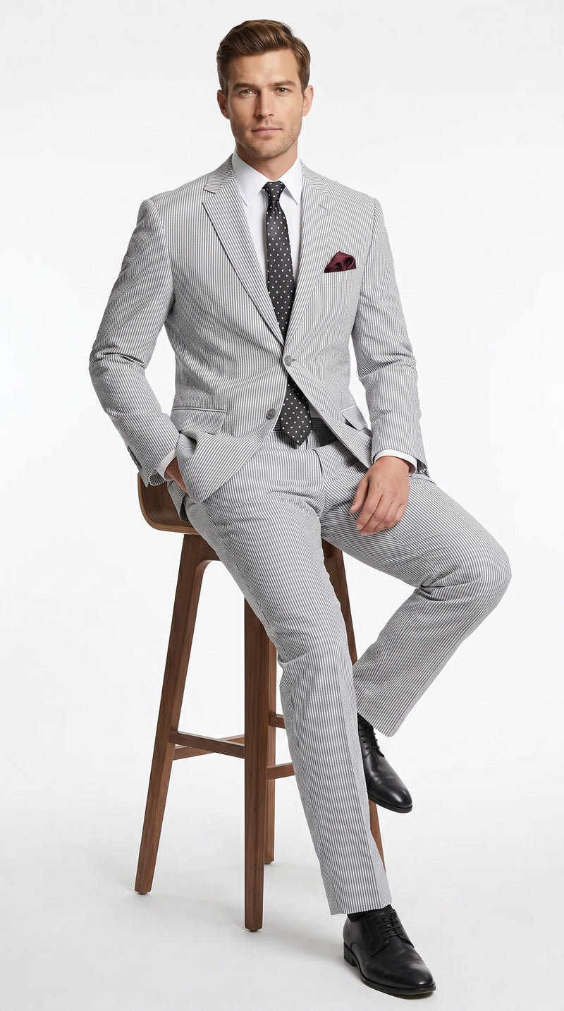 Men’s Black Pinstripe 2 Piece Seersucker Suit, Summer Modern Fit Dress Suit