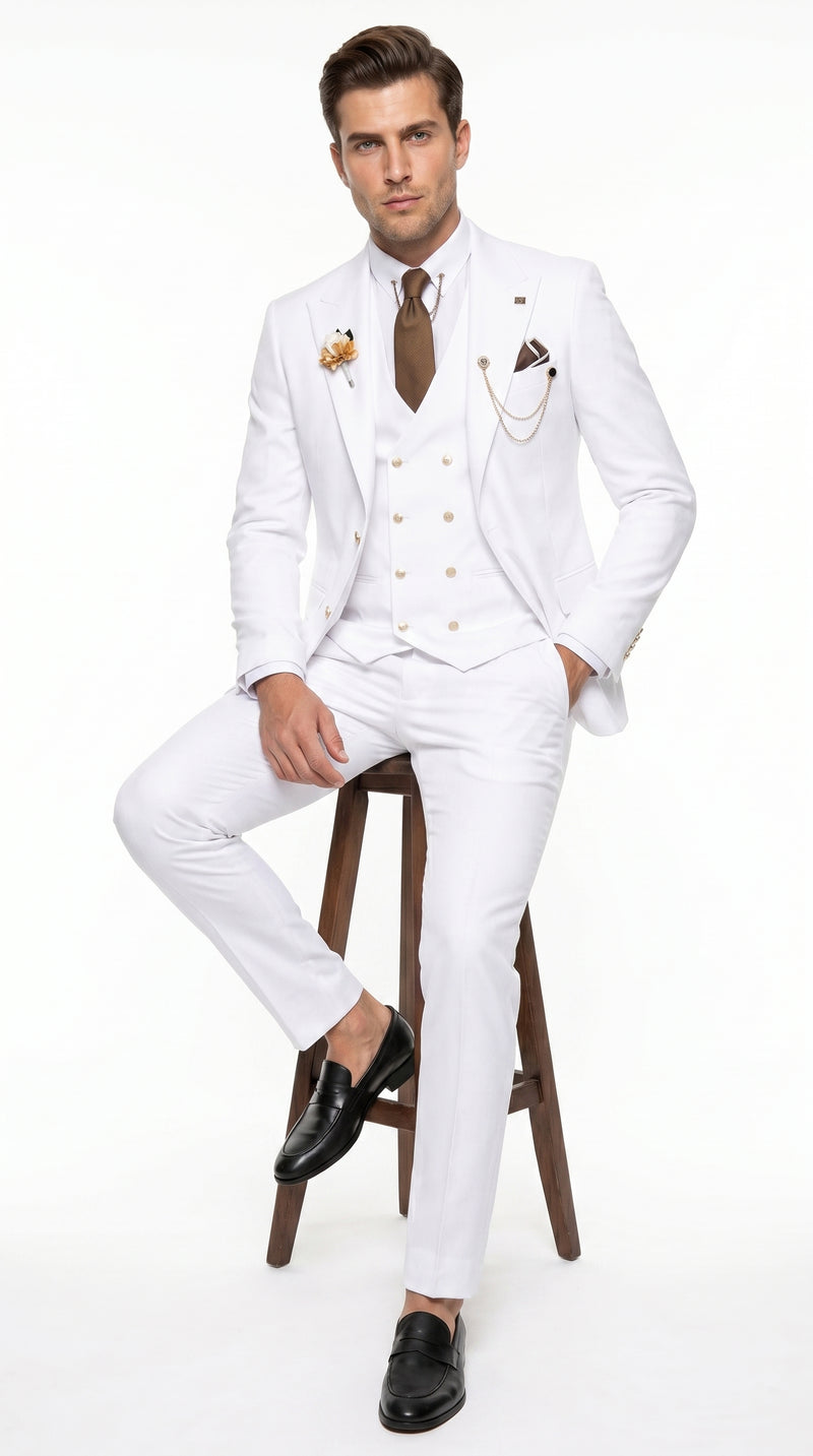 Men’s White and Gold Prom Tuxedo Suit with Double Breasted Vest, Formal Wedding Suit
