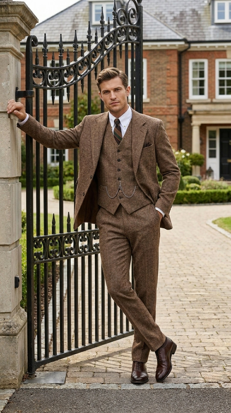 Men’s Great Gatsby Costume Package, Brown 1920s Suit with Vest, Pants, Shirt and Tie
