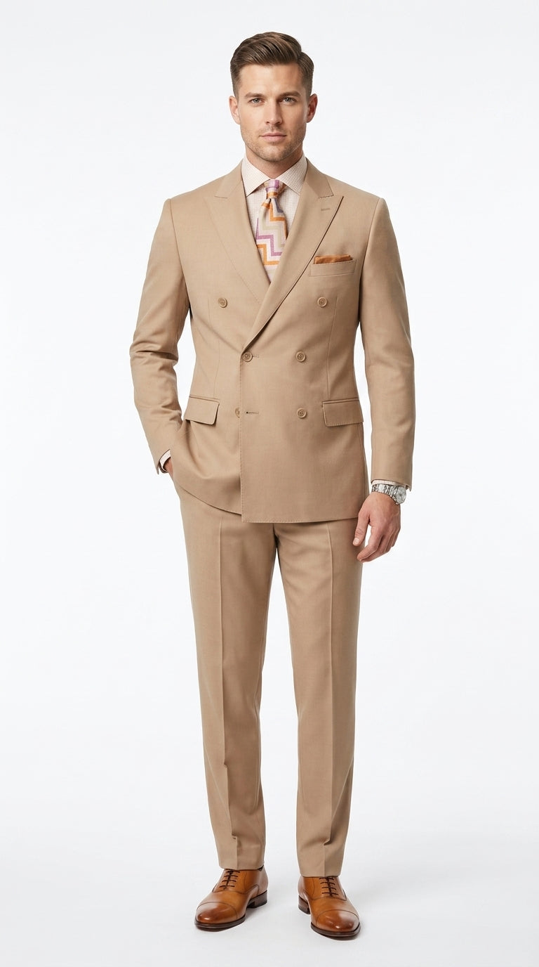Men’s Camel Double Breasted Wool Feel Suit, Classic Luxury Formal Wedding Business Dress Suit