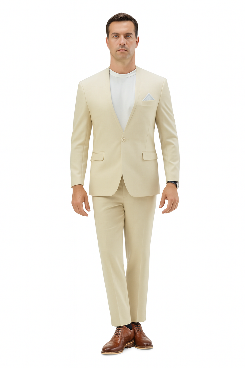 Men's light beige linen two-piece suit with a hybrid, collarless fit. Includes a tailored blazer with front pockets and matching trousers. Lightweight and breathable for warm weather.