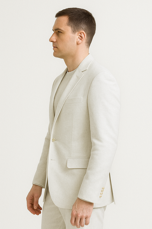 Men's light beige linen suit with relaxed fit. Features a collarless jacket (single-button, minimalistic pockets) and straight-leg trousers. Lightweight, comfortable, and designed for ease of movement.