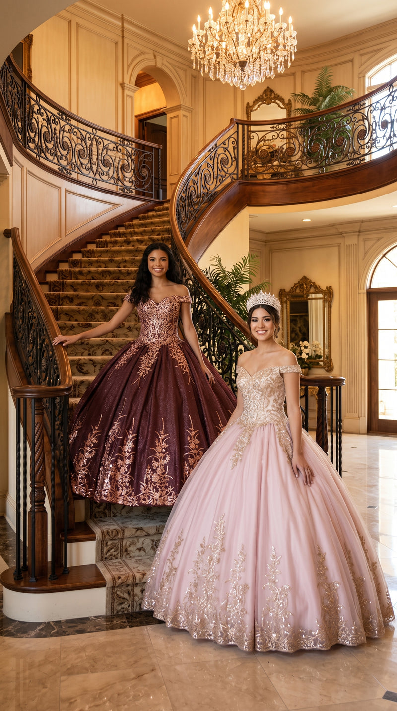 Off Shoulder Sparkling Lace Up Quinceanera Ball Gown in 3 Colors Burgundy - Hunter - Rose Gold