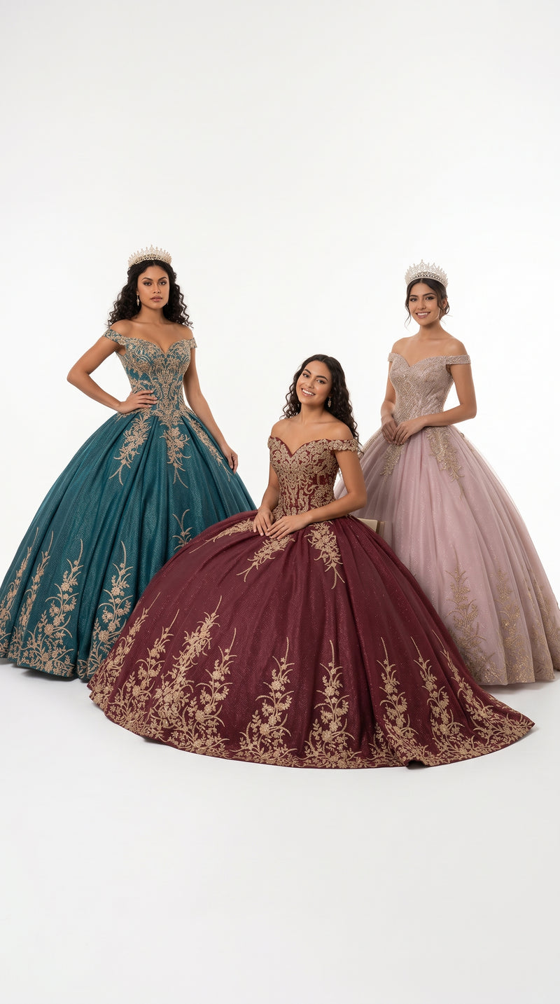 Off Shoulder Sparkling Lace Up Quinceanera Ball Gown in 3 Colors Burgundy - Hunter - Rose Gold