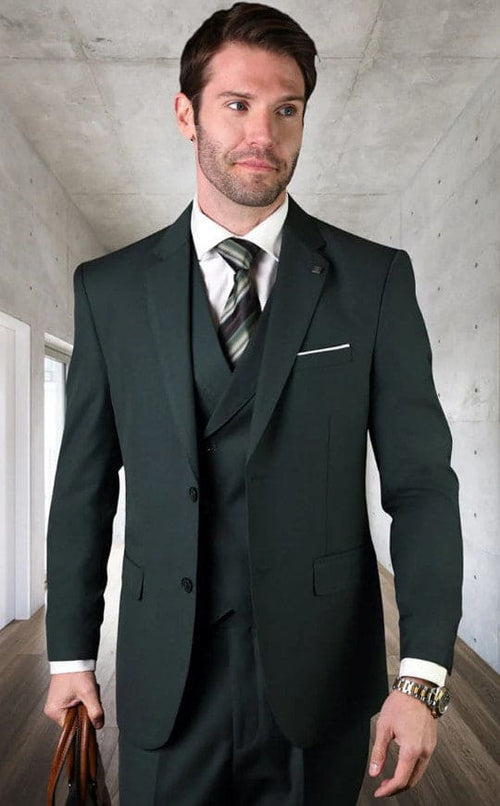 Men's Designer Modern Fit Double Breasted Vest Wool Wedding Suit in Hunter Green