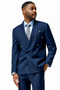 Modern fit navy double-breasted suit. Structured form with fitted silhouette. Features shawl lapel, six-button closure, chest and side pockets. Sleeves with button cuffs. Smooth, predominantly navy fabric.