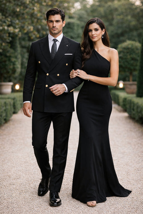 Men's Designer Modern Fit Double Breasted Wool Suit with Gold Buttons in Black