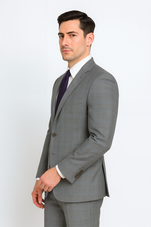 Mens 2 Button Peak Lapel Modern Plaid Suit in Grey