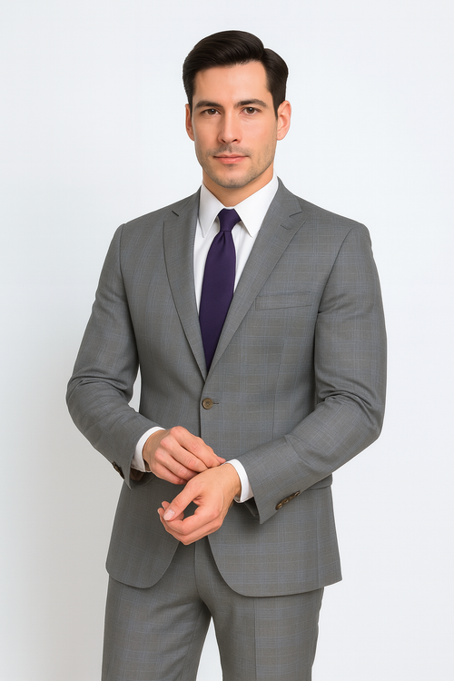 Mens 2 Button Peak Lapel Modern Plaid Suit in Grey