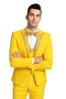 Golden three-piece suit: yellow blazer, trousers, waistcoat. Blazer: floral gold lapel. Smooth, likely synthetic fabric. White shirt. Structured shoulders, tailored fit. Formal.