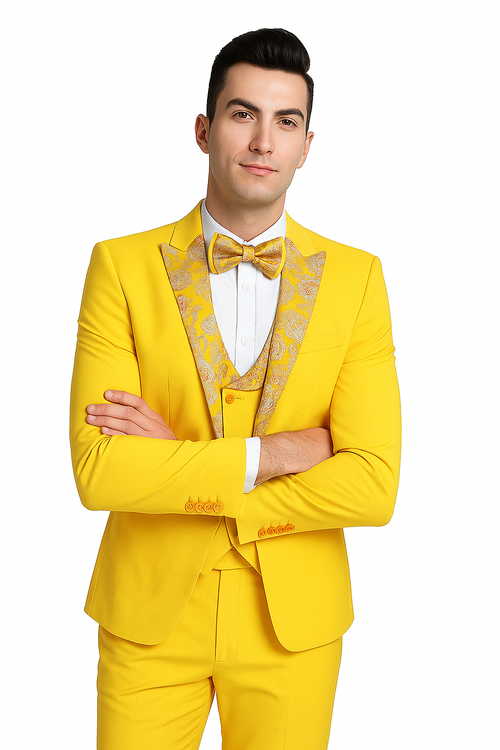 Radiant golden bloom men's three-piece suit: bright yellow, tailored fit. Floral peak lapel, matching bow tie. Smooth fabric, intricate inner floral pattern. Single-breasted jacket, 3-button vest.