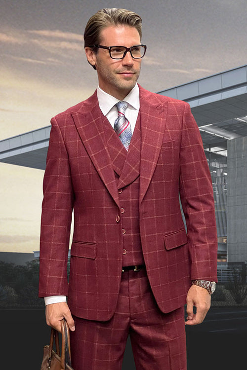 Men's designer wool suit. Burgundy windowpane plaid. Double-breasted vest, fitted jacket with notched lapel, matching trousers. Soft wool texture, tailored fit.