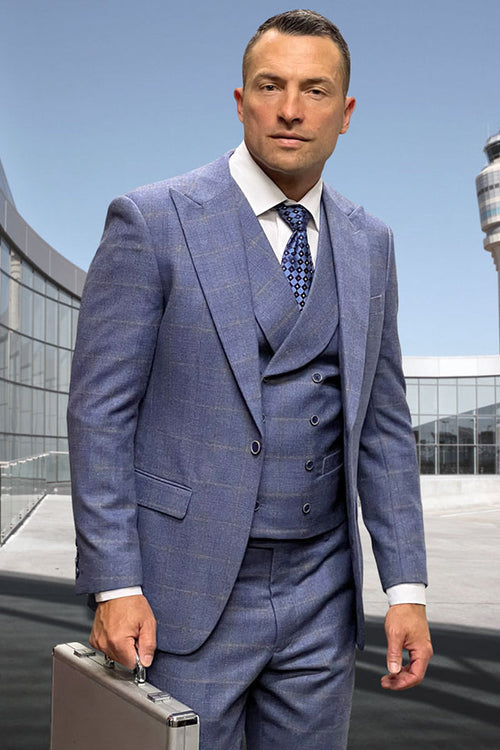 Men's steel blue wool suit with windowpane plaid. Includes a double-breasted vest, structured jacket, and slim-fit pants. Designer quality.