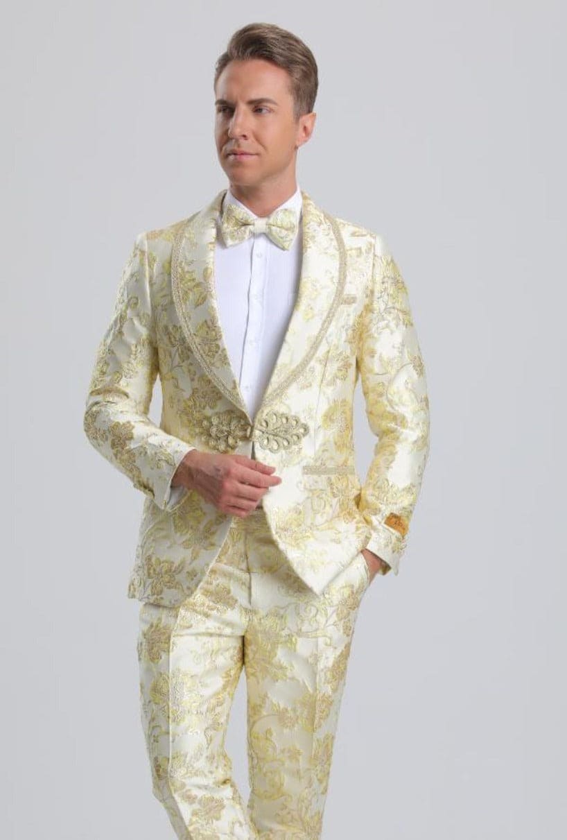 Men's Fancy Pink Floral Paisley Prom Tuxedo with Silver Trim Cheap Prom Tuxedos