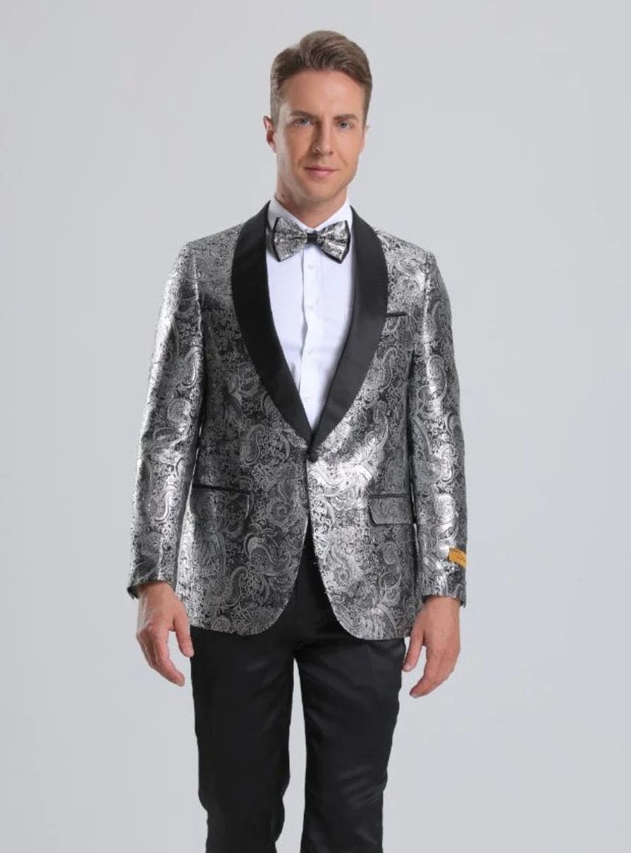 Men's Shiny Foil Floral Paisley Tuxedo Jacket in Black main image 0
