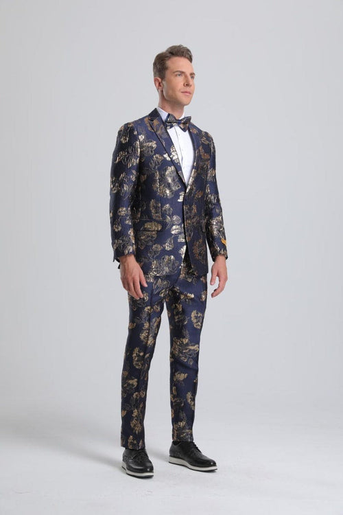 Mens Navy & Gold Floral Paisley Prom Tuxedos