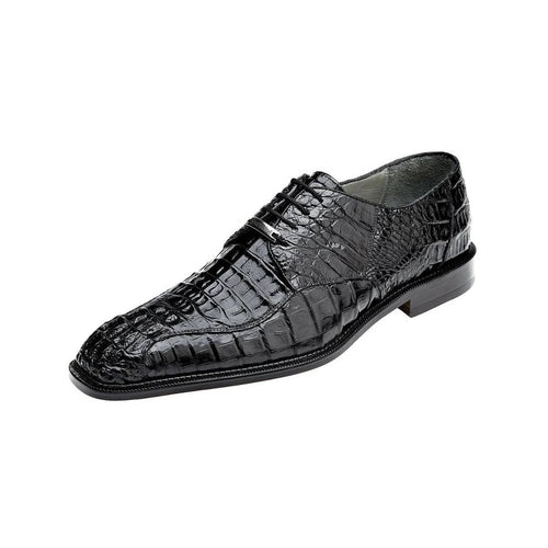 Black crocodile hornback Oxfords by Belvedere. Pointed toe, textured design with a smooth surface, traditional lacing, and low stacked heel. Lighter interior lining.