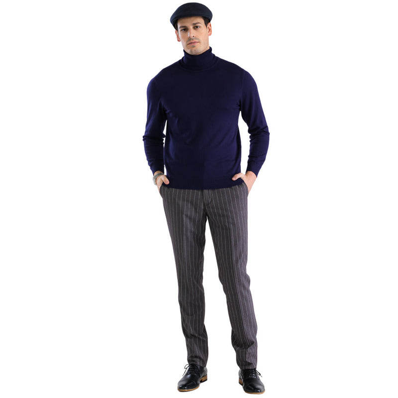 Alberto Nardoni men's navy turtleneck sweater. Fitted, long-sleeved, and with a high collar. Soft knit material in a solid, deep navy blue with a smooth texture.
