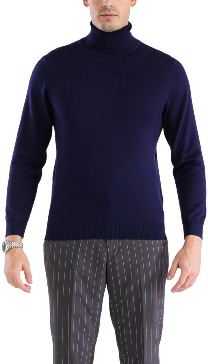Navy men's turtleneck sweater. Fitted shape, long sleeves, high ribbed collar. Smooth knit fabric. Ribbed cuffs and hem.