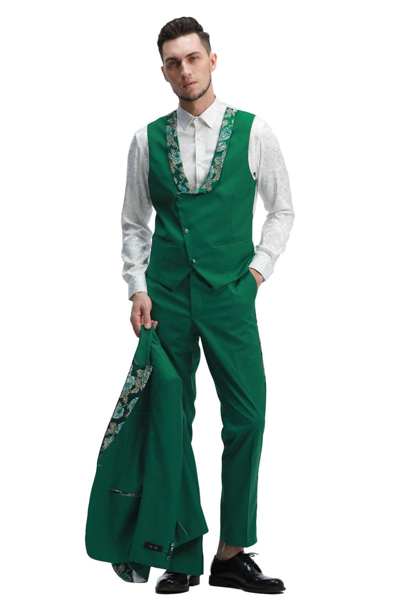 "Men's Hunter Green Prom 2025 & Wedding Tuxedo - One Button Vested with Floral Peak Lapel"