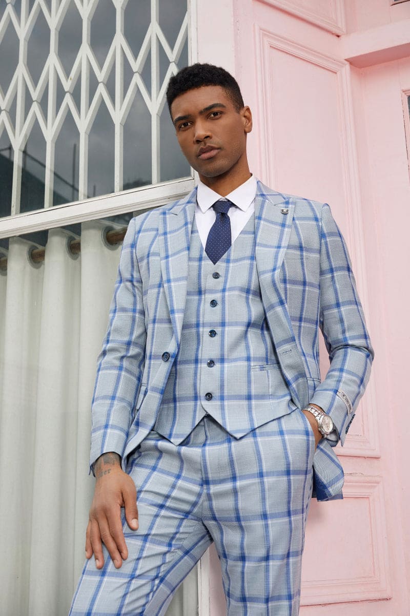 "Mens Stacy Adams Suit - Stacy Adams Suit Men's Vested Peak Lapel Plaid Suit - Blue Windowpane"