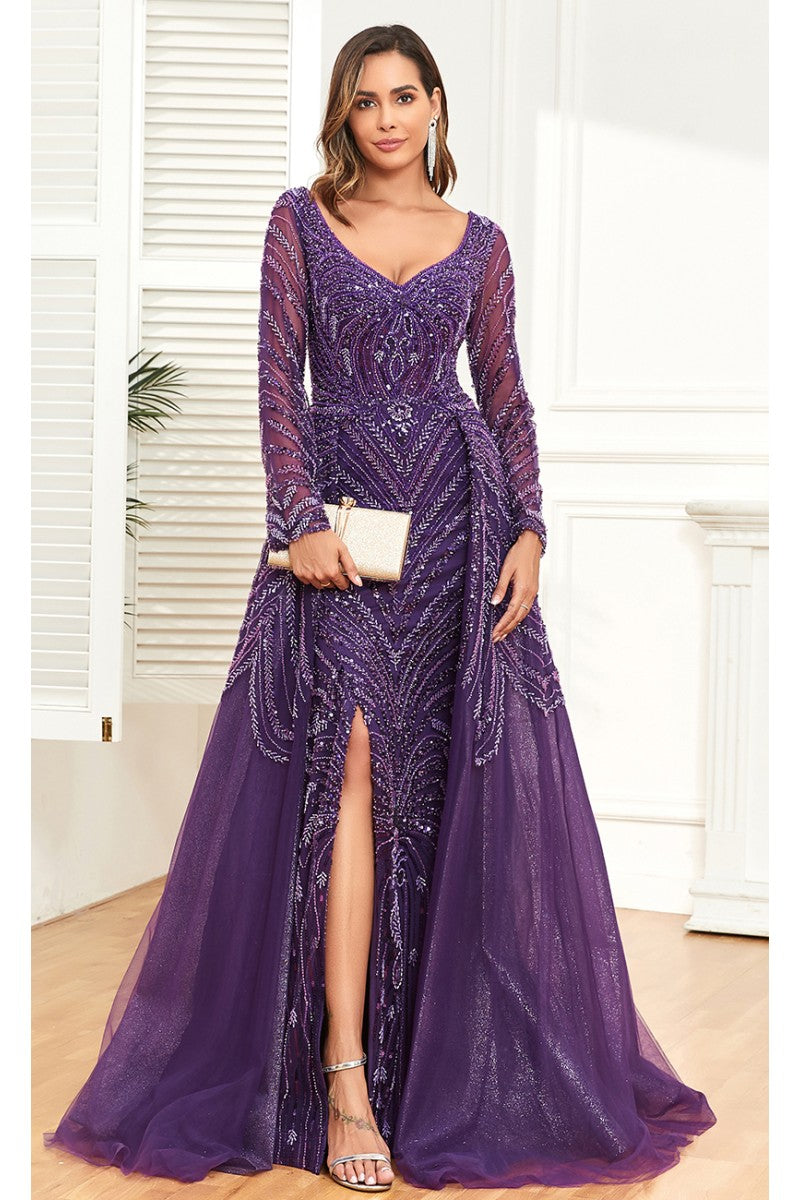 High Couture NR2328 Long Formal Slit Beaded Evening Overskirt Dress