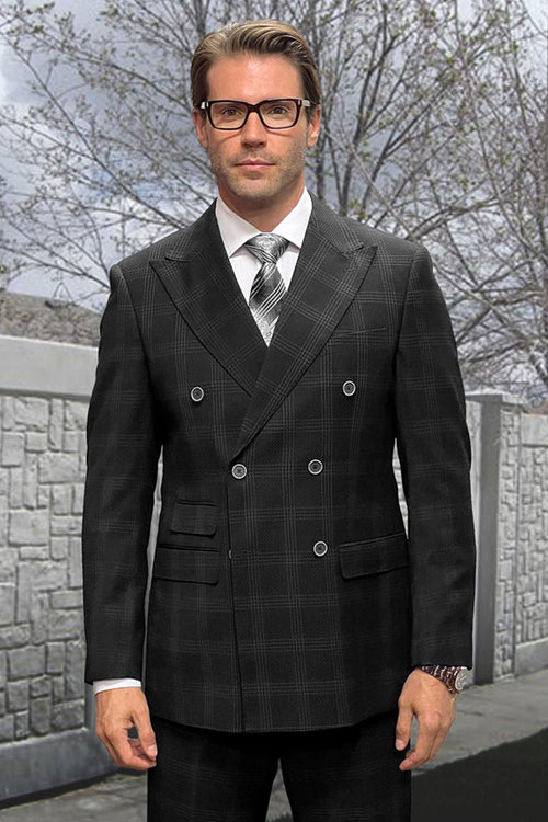 Classic fit men's double-breasted wool suit in black windowpane plaid. Structured silhouette with notch lapels, textured black & gray pattern, side pockets, and smooth lining for a tailored, formal look.