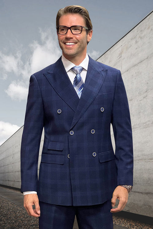 Navy double-breasted wool suit for men, classic fit. Features a windowpane plaid pattern, structured fabric, and a formal, sophisticated silhouette. Deep navy base with lighter plaid lines.