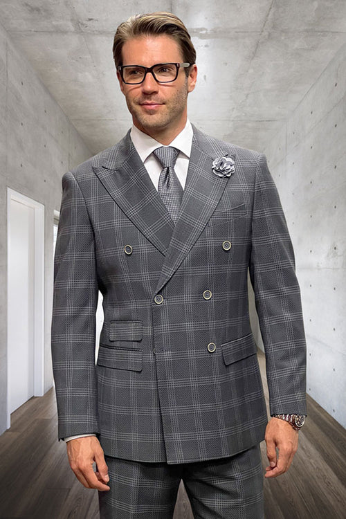 Classic fit men's double-breasted grey wool suit with windowpane plaid. Structured silhouette, wide lapels, and flap pockets. Features a matching tie.