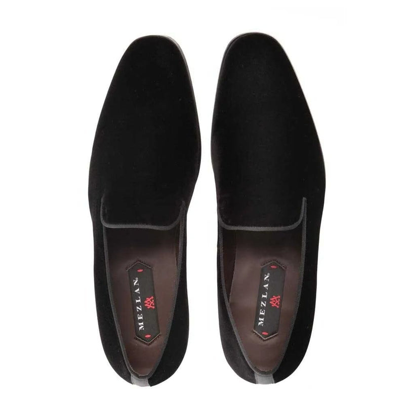 Mezlan Lublin loafers: Black velvet slip-ons with an elongated shape and rounded toe. Soft texture, subtle stitched trim, and dark brown insoles. Durable outsole. Formal and stylish.