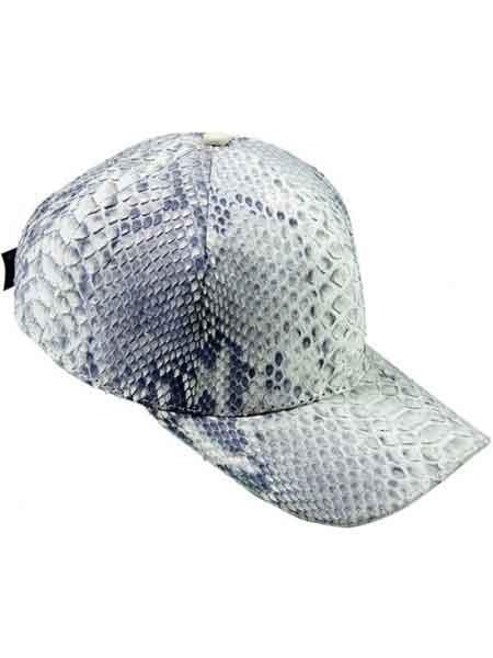 Python skin baseball cap. Structured, rounded crown, flat brim. Grey and white patterned texture. Seamless back, small top button.