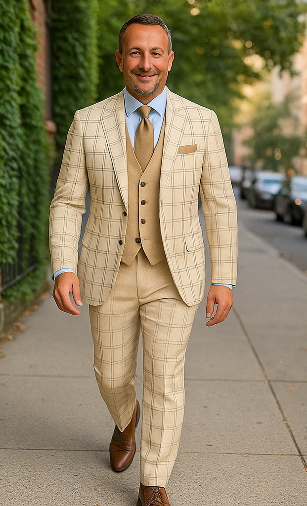 Wool Suit - Italian Made Business Suit by Statement Men's 3 Piece 100% Wool Modern Fit Suit - Accented Scoop Vest