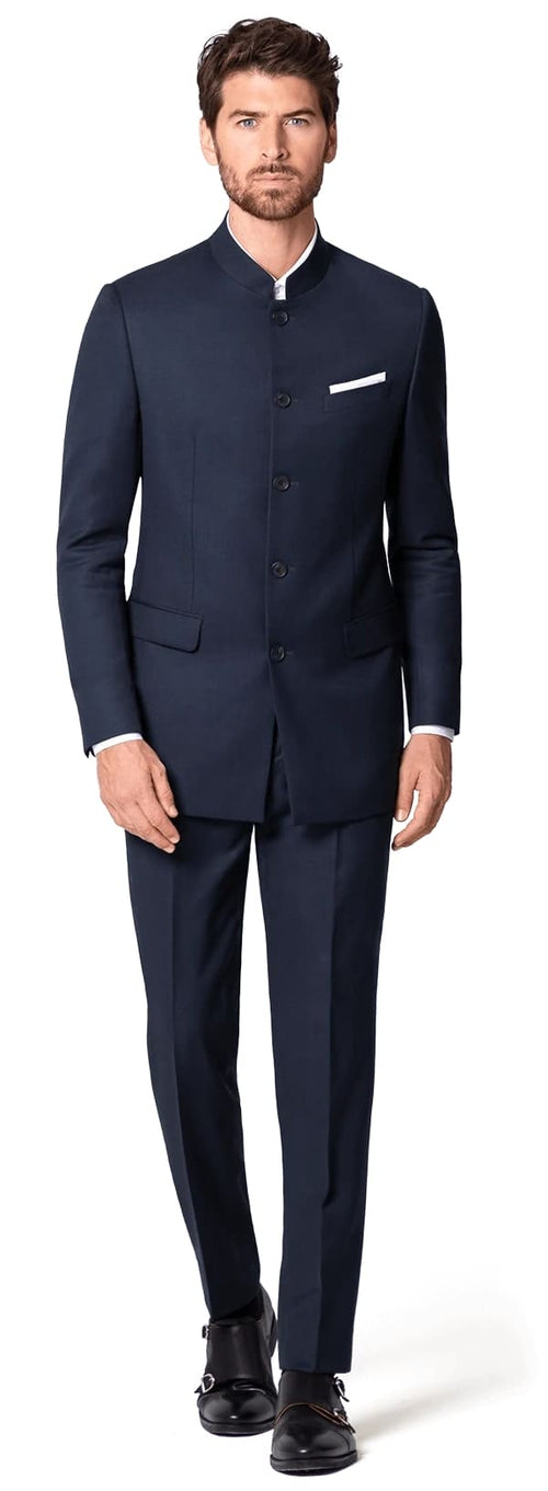 4 Button Banded Collar Suit One Chest Pocket Two Flap Front Pockets Color: Navy Blue