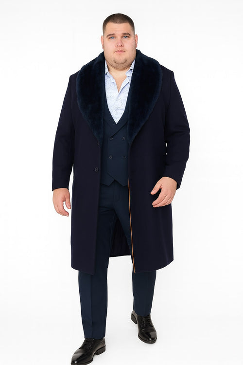 Navy blue men's overcoat with faux fur collar. Long, tailored silhouette for formal/casual wear. Single-breasted design with visible buttons.