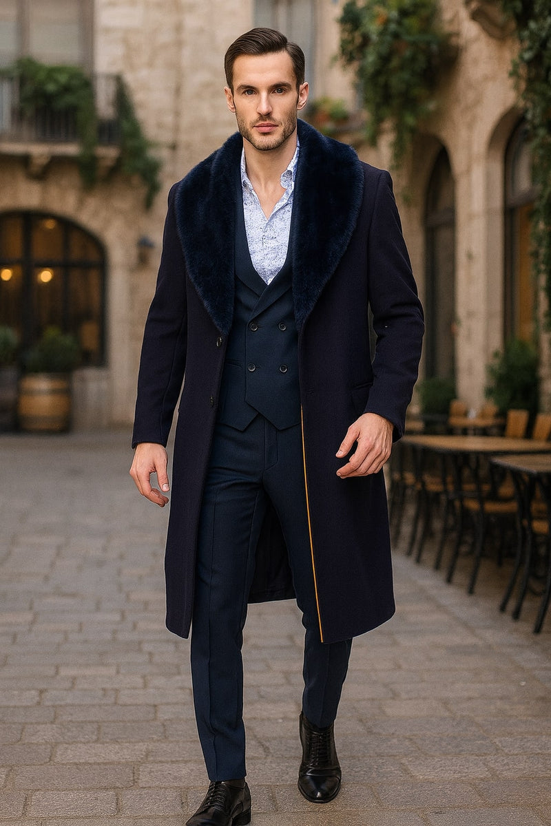 Navy blue men's overcoat with faux fur collar. Long, single-breasted topcoat with a streamlined silhouette and slightly open front.
