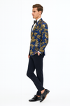 Mens Navy Blue and Gold Floral Tuxedo Jacket – Luxury Slim Fit Blazer with Gold Pattern Paisley Pattern Matching Bowtie