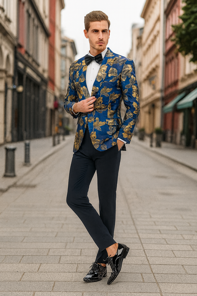 Navy blue slim-fit tuxedo jacket for men with gold floral, paisley patterns. Includes a matching gold patterned bowtie.