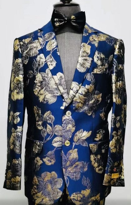 Navy blue men's tuxedo jacket with gold floral paisley pattern, slim fit, two pockets, and gold button closure. Includes a matching bowtie.