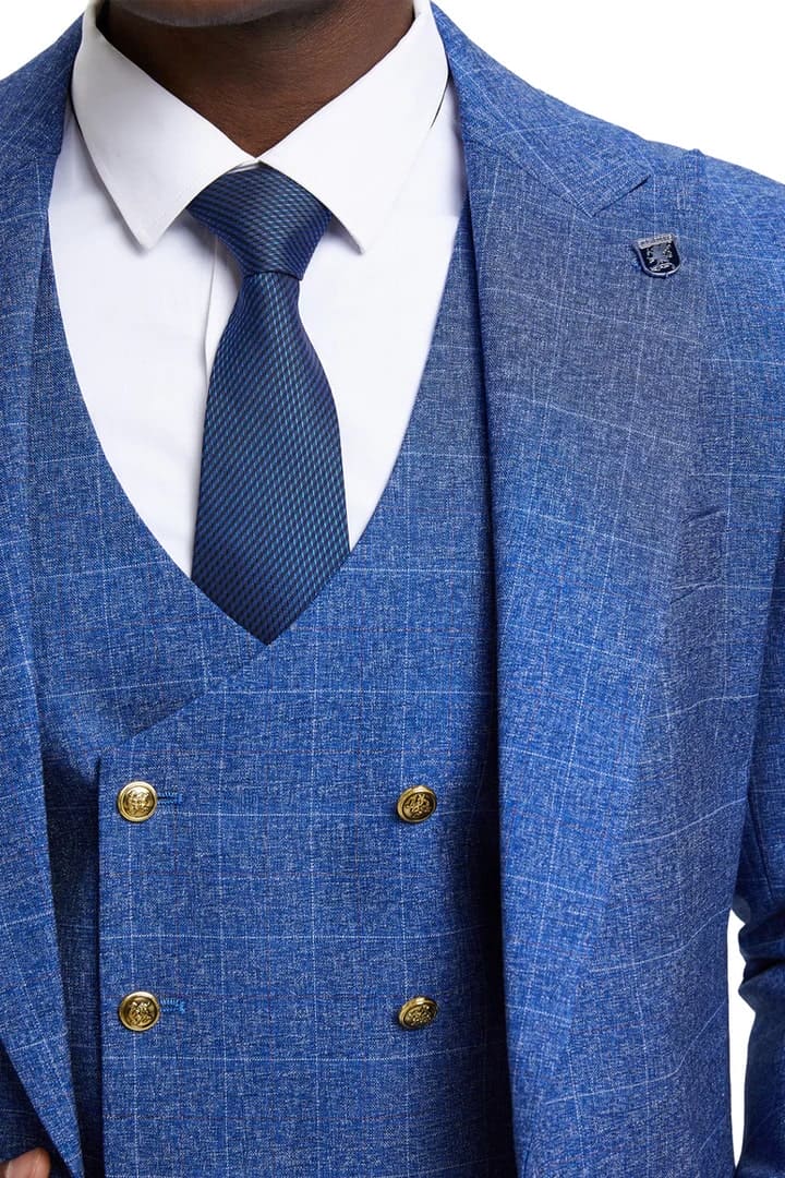 Plaid Suit - Windowpane Suit - Checkered Suit - Mens Vested Navy Hybrid Fit Suit