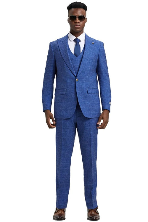 Plaid Suit - Windowpane Suit - Checkered Suit - Mens Vested Navy Hybrid Fit Suit