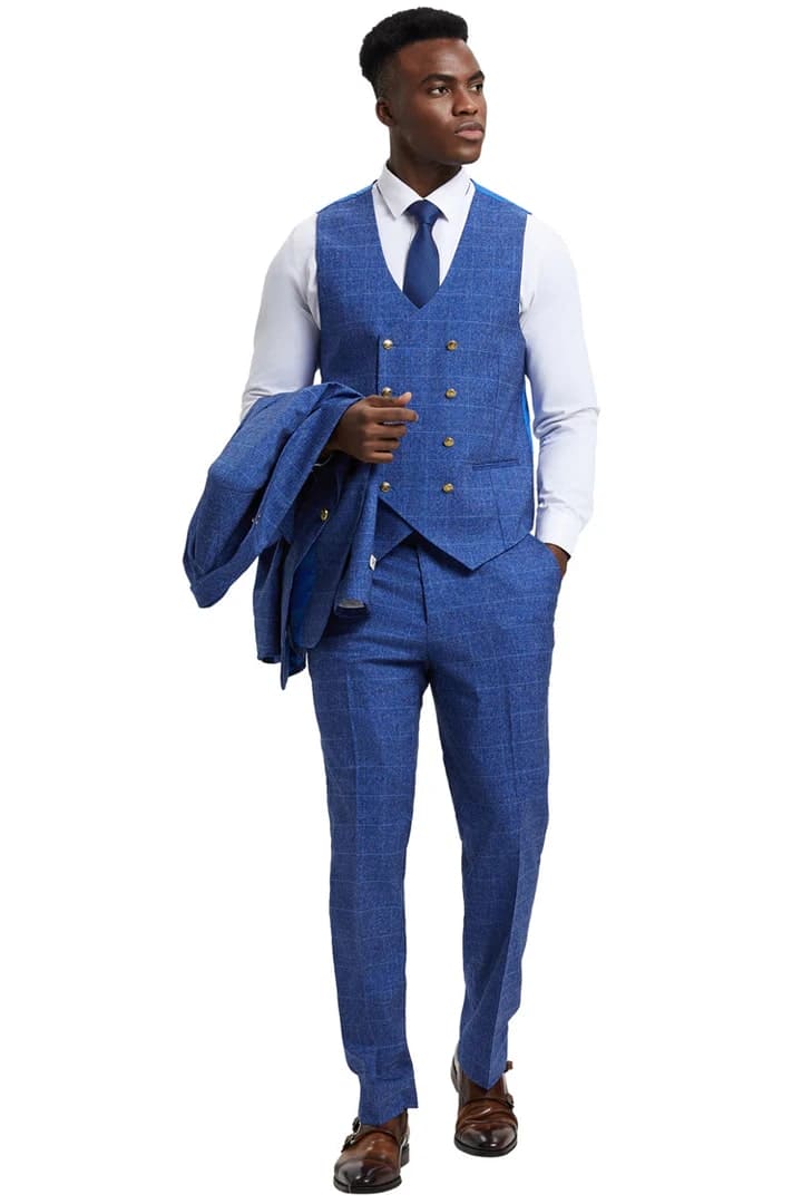 Plaid Suit - Windowpane Suit - Checkered Suit - Mens Vested Navy Hybrid Fit Suit