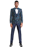 Men's One Button Vested Floral Print Navy Blue Wedding Tuxedo