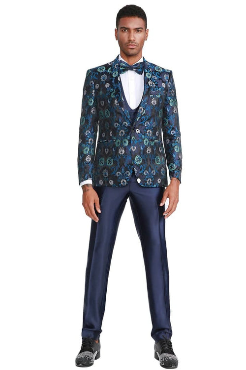 Men's One Button Vested Floral Print Navy Blue Wedding Tuxedo