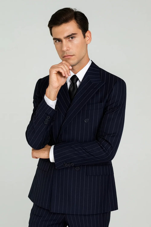 Navy Blue Wide Pinstripe Double Breasted Suit