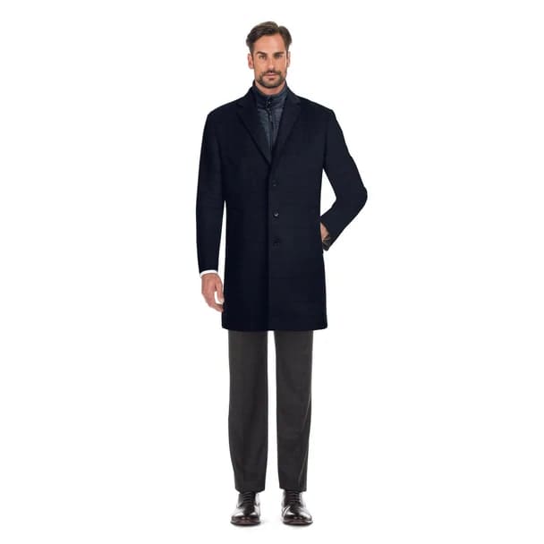 Designer Brand - Wool Blend Slim Fit Navy Overcoat with Removable Quilted Liner