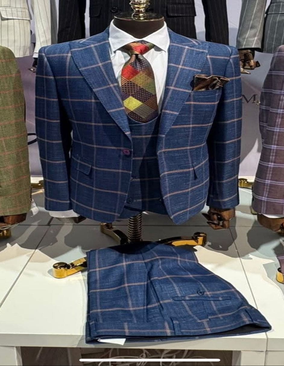 Rossiman Men’s Navy & Gray Plaid Suit – Classic Windowpane Double-Breasted Design
