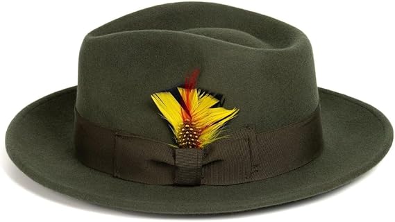 Gangster 100% Australian Wool Crushable Mens Fedora Hat - Removable Feather Gangster Olive Green Mens Fedora Hat